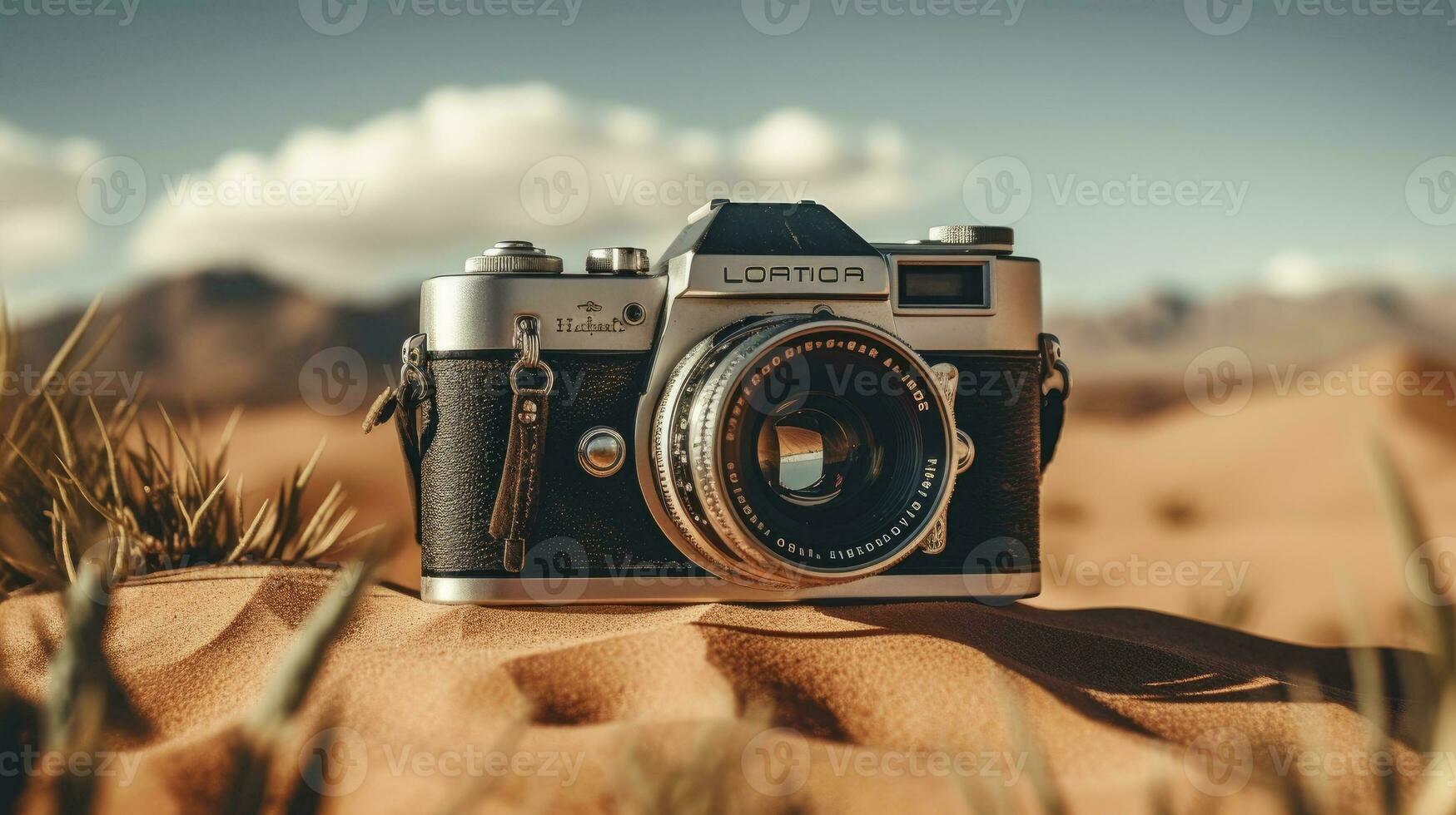film camera with nature background, copy space, Generative AI photo