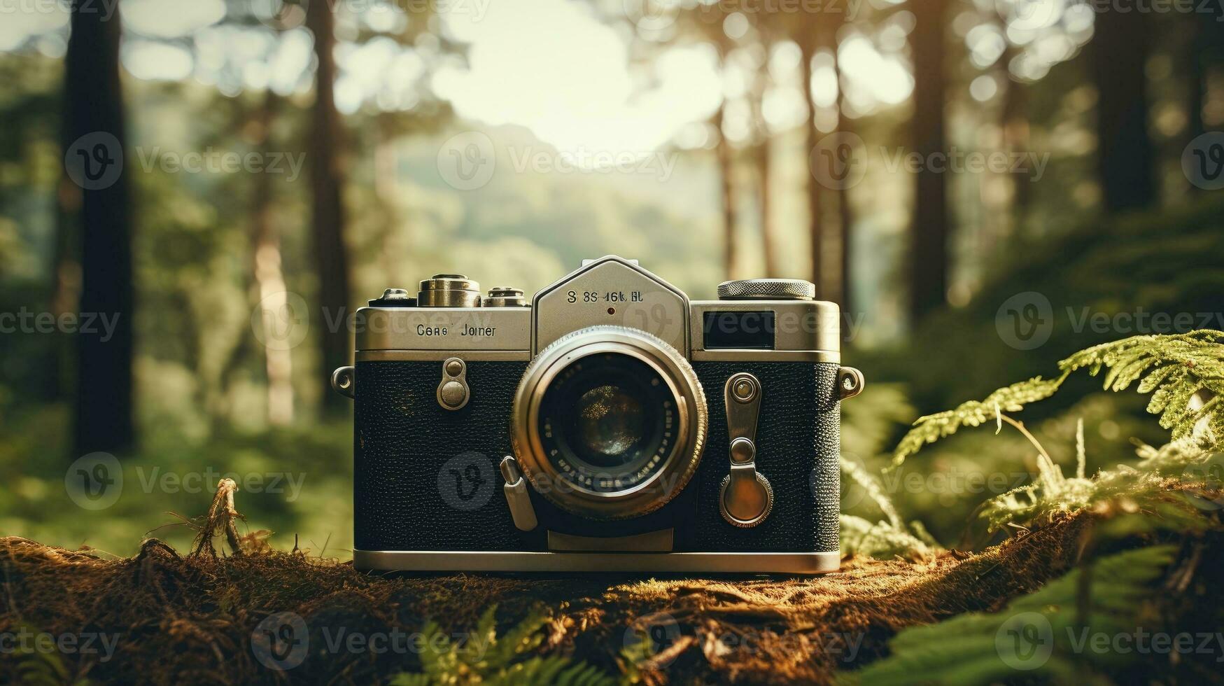 film camera with nature background, copy space, Generative AI photo