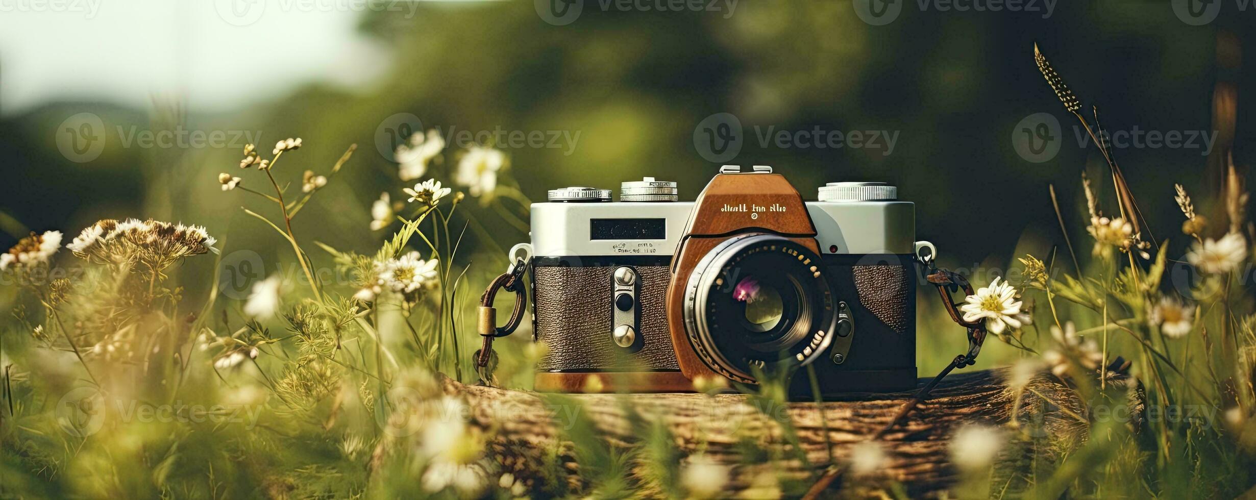 film camera with nature background, copy space, Generative AI photo