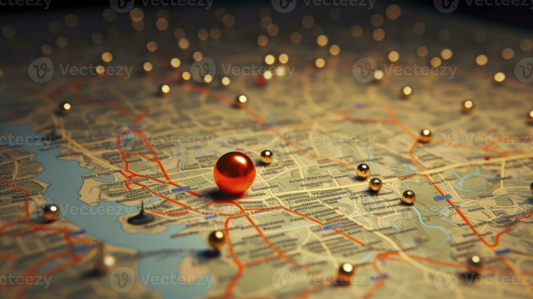 Find your way. Location marking with a pin on a map with routes. Adventure, discovery, navigation, communication, logistics, geography, transport and travel theme concept background, Generative AI photo