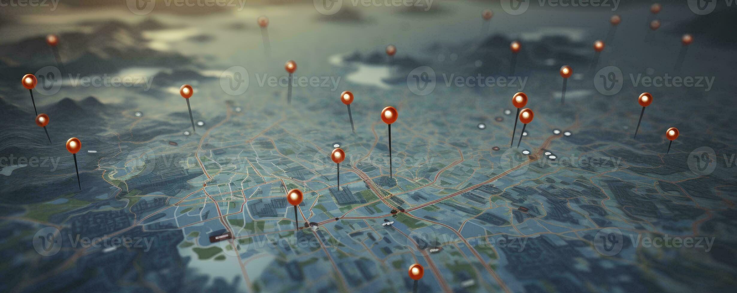 Find your way. Location marking with a pin on a map with routes. Adventure, discovery, navigation, communication, logistics, geography, transport and travel theme concept background, Generative AI photo