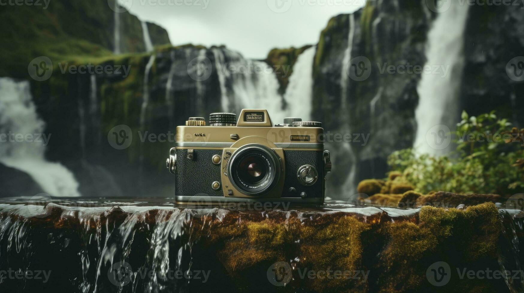 film camera with nature background, copy space, Generative AI photo