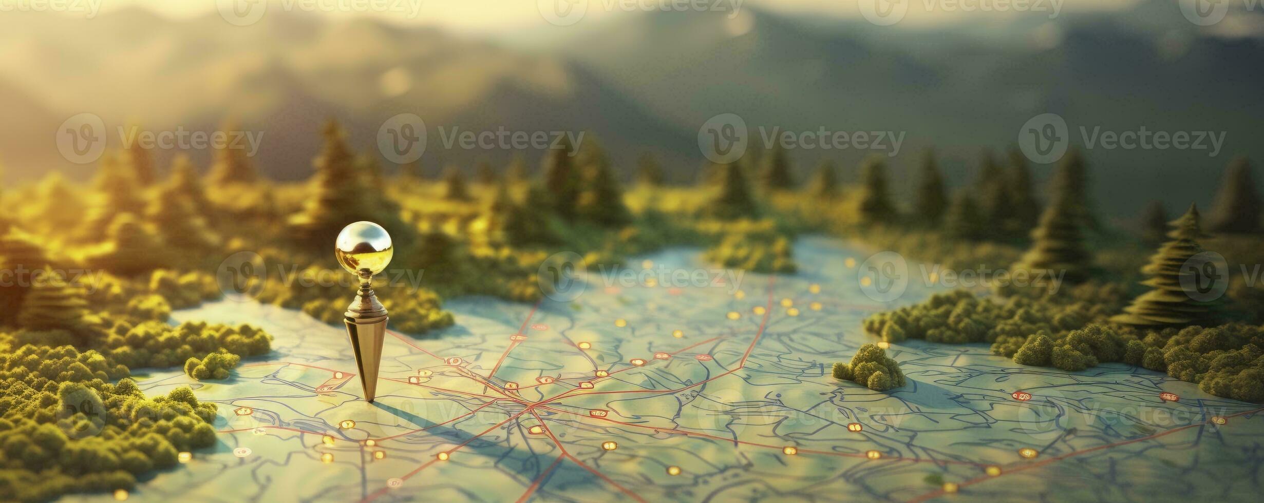 Find your way. Location marking with a pin on a map with routes. Adventure, discovery, navigation, communication, logistics, geography, transport and travel theme concept background, Generative AI photo