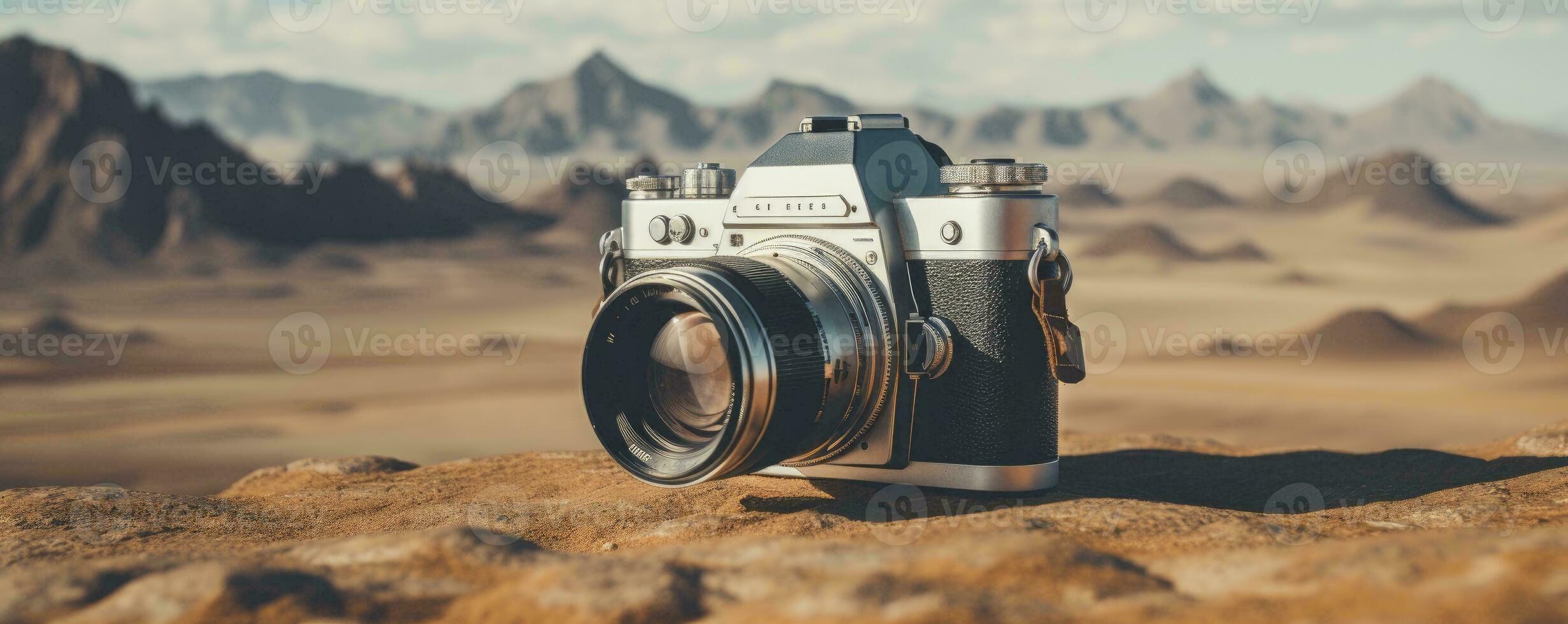 film camera with nature background, copy space, Generative AI photo