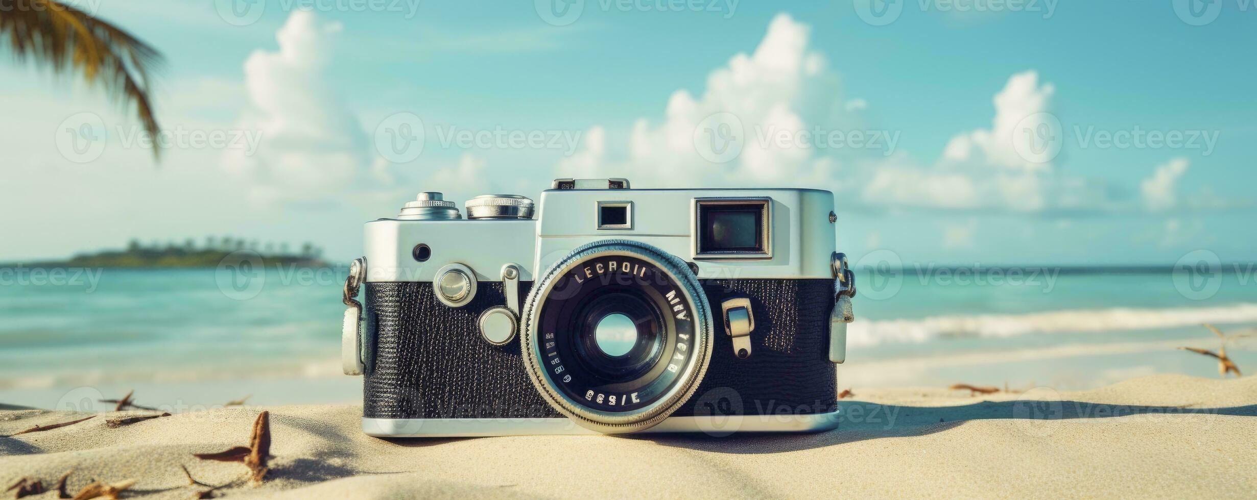 film camera with nature background, copy space, Generative AI photo