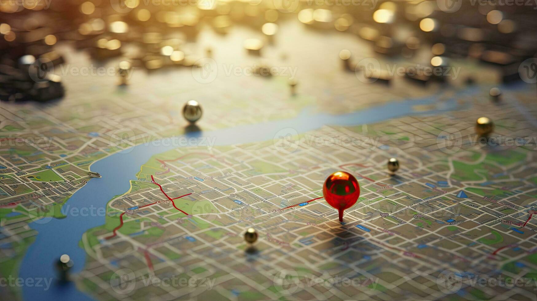 Find your way. Location marking with a pin on a map with routes. Adventure, discovery, navigation, communication, logistics, geography, transport and travel theme concept background, Generative AI photo