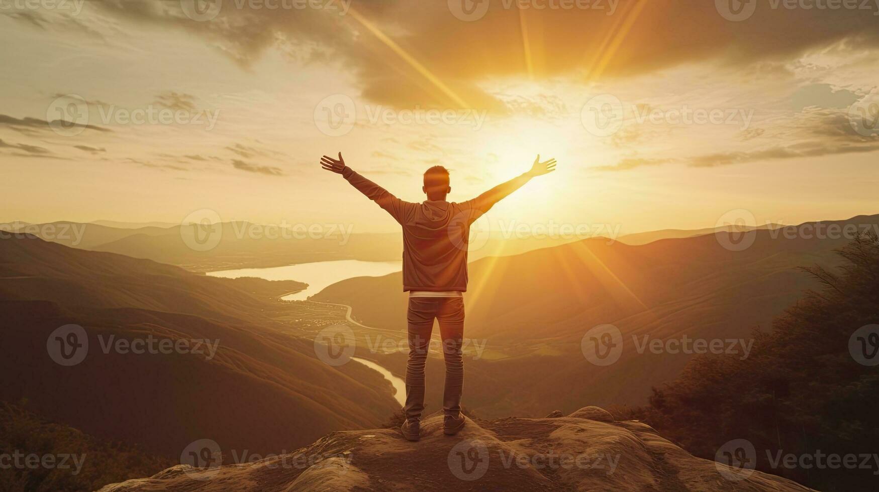 Positive man celebrating with arms raised up at Mountain landscape at sunset, Generative AI photo