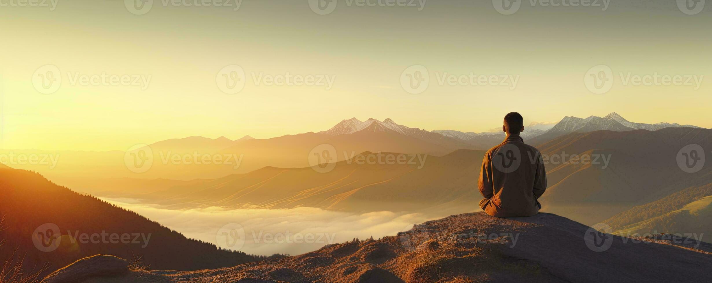 meditation at Mountain landscape at sunset, Generative AI photo