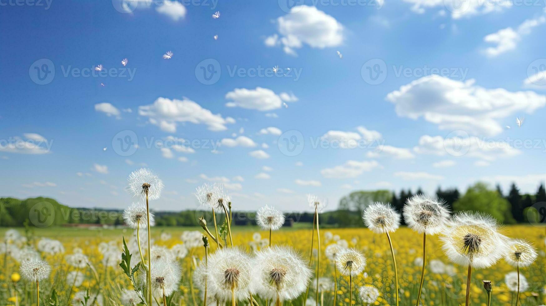 Field with dandelions and blue sky, Generative AI photo