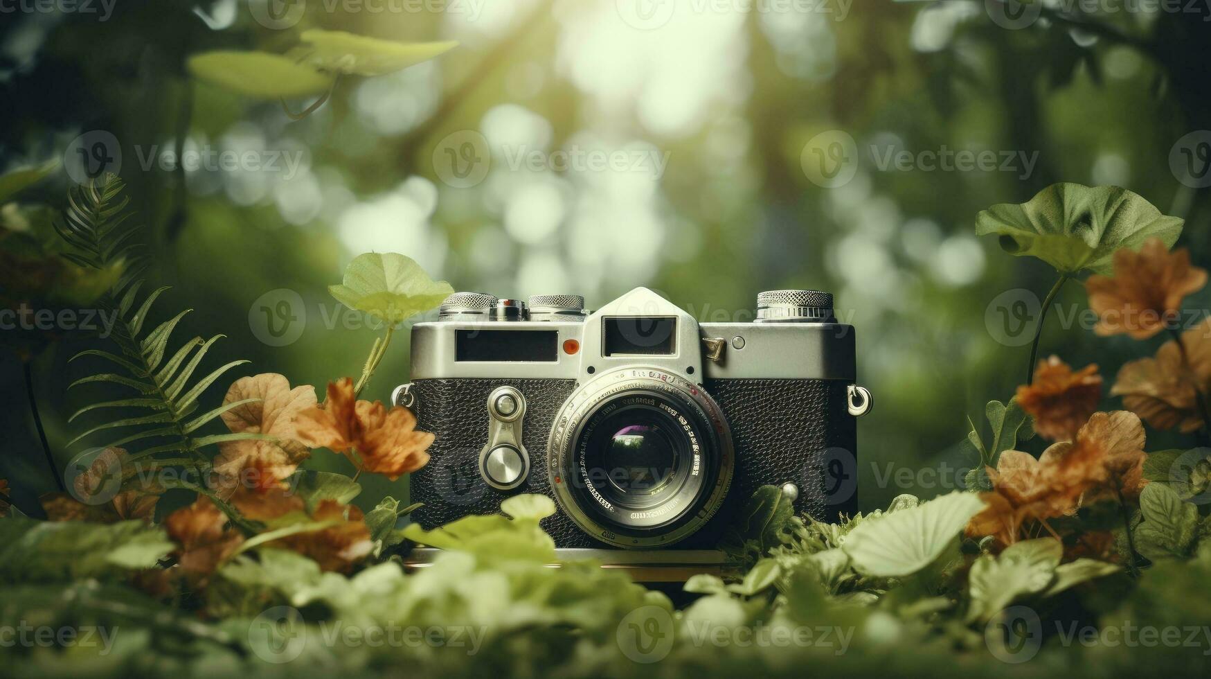 film camera with nature background, copy space, Generative AI photo