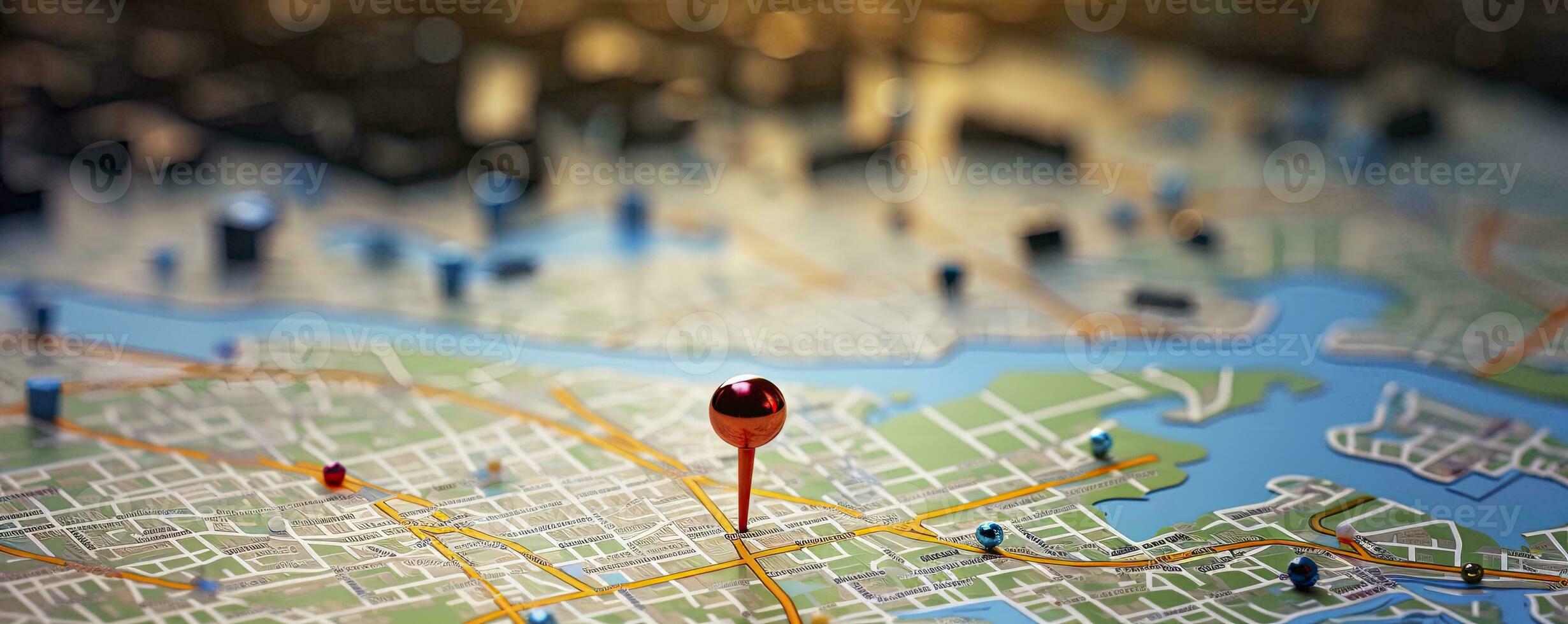 Find your way. Location marking with a pin on a map with routes. Adventure, discovery, navigation, communication, logistics, geography, transport and travel theme concept background, Generative AI photo