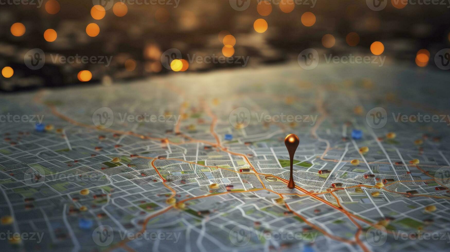 Find your way. Location marking with a pin on a map with routes. Adventure, discovery, navigation, communication, logistics, geography, transport and travel theme concept background, Generative AI photo