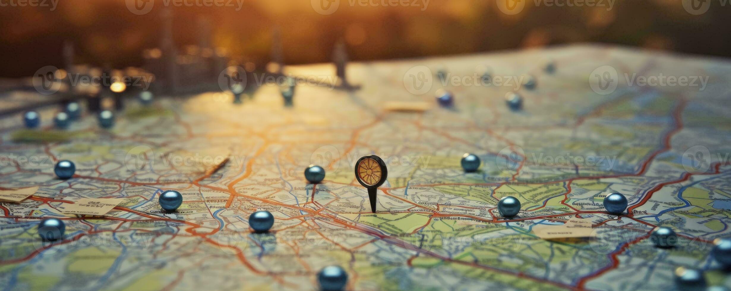 Find your way. Location marking with a pin on a map with routes. Adventure, discovery, navigation, communication, logistics, geography, transport and travel theme concept background, Generative AI photo