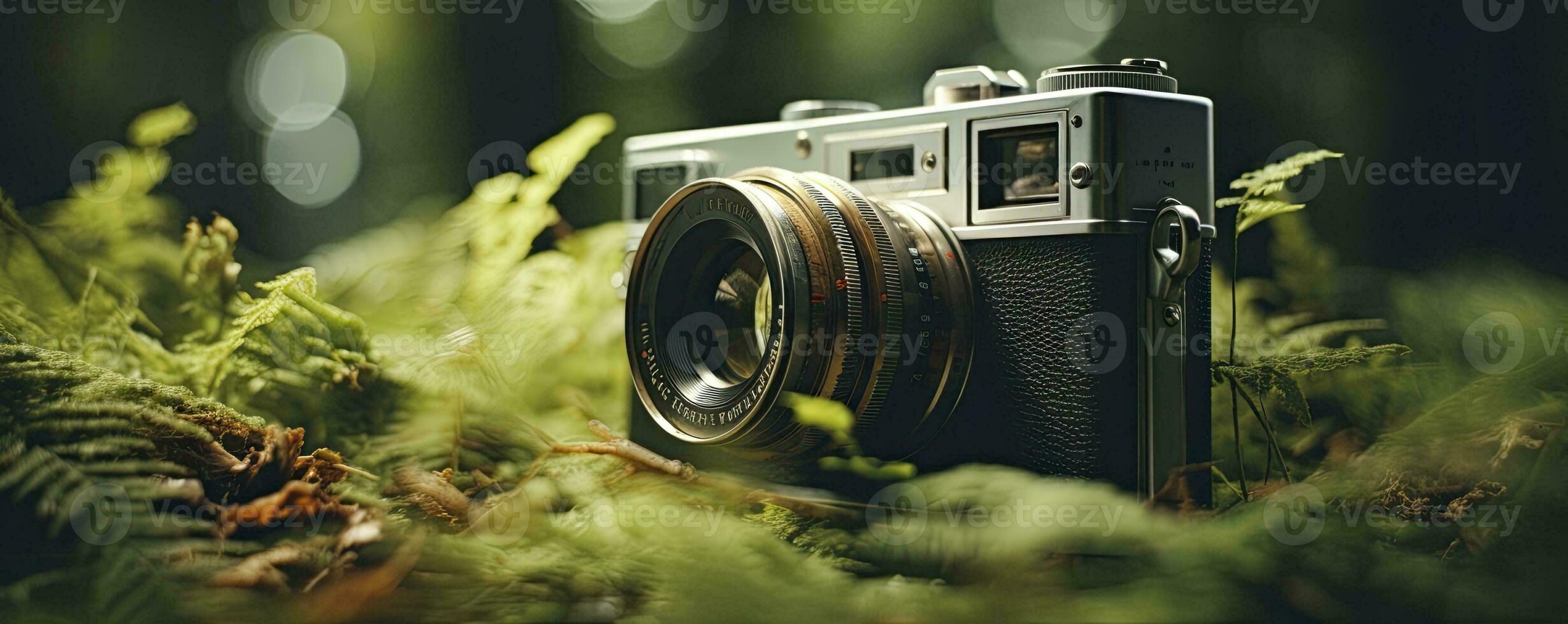 film camera with nature background, copy space, Generative AI photo