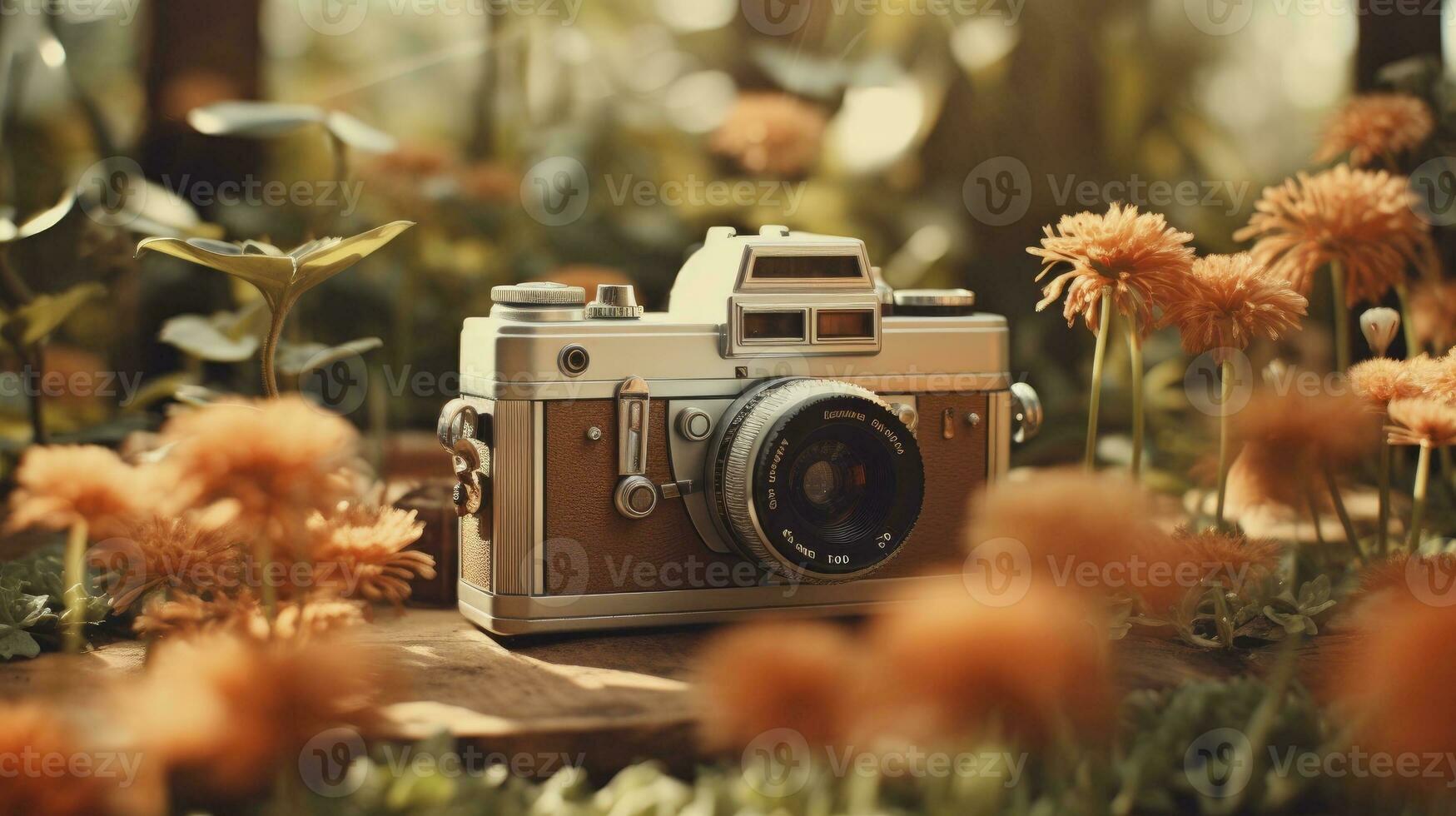 film camera with nature background, copy space, Generative AI photo