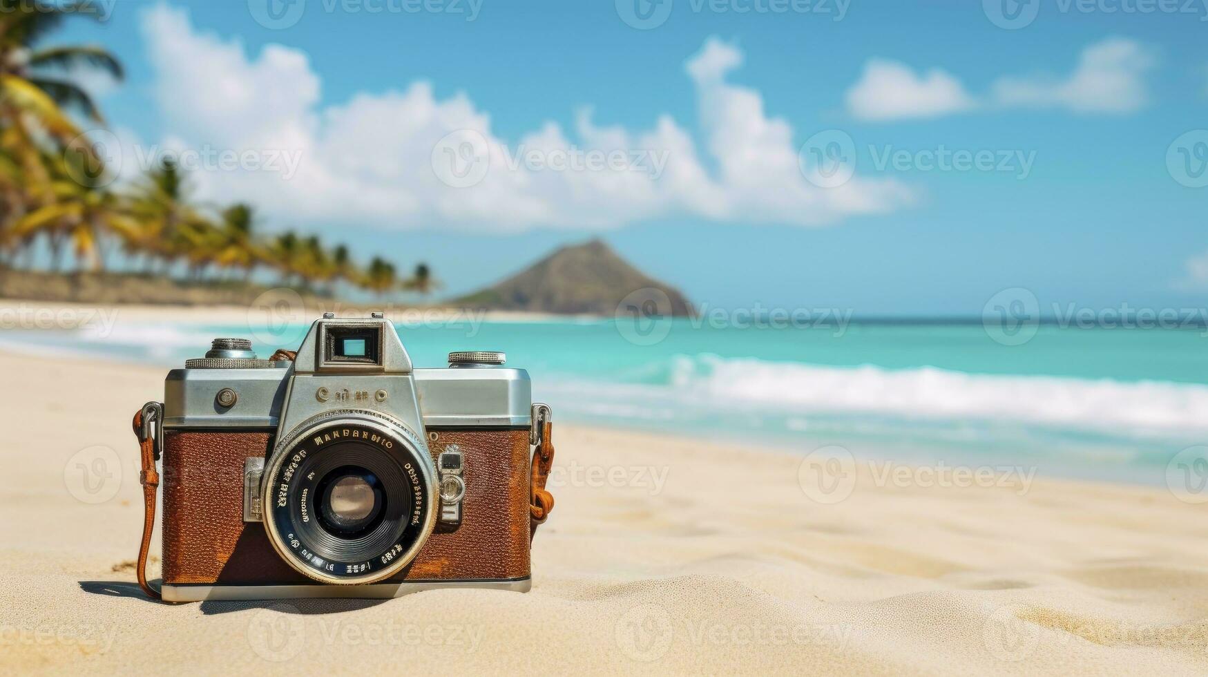 film camera with nature background, copy space, Generative AI photo