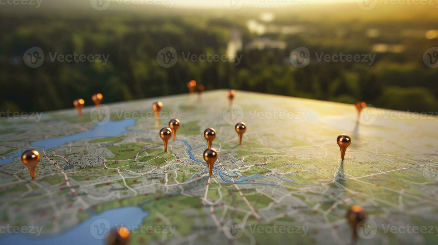 Find your way. Location marking with a pin on a map with routes. Adventure, discovery, navigation, communication, logistics, geography, transport and travel theme concept background, Generative AI photo