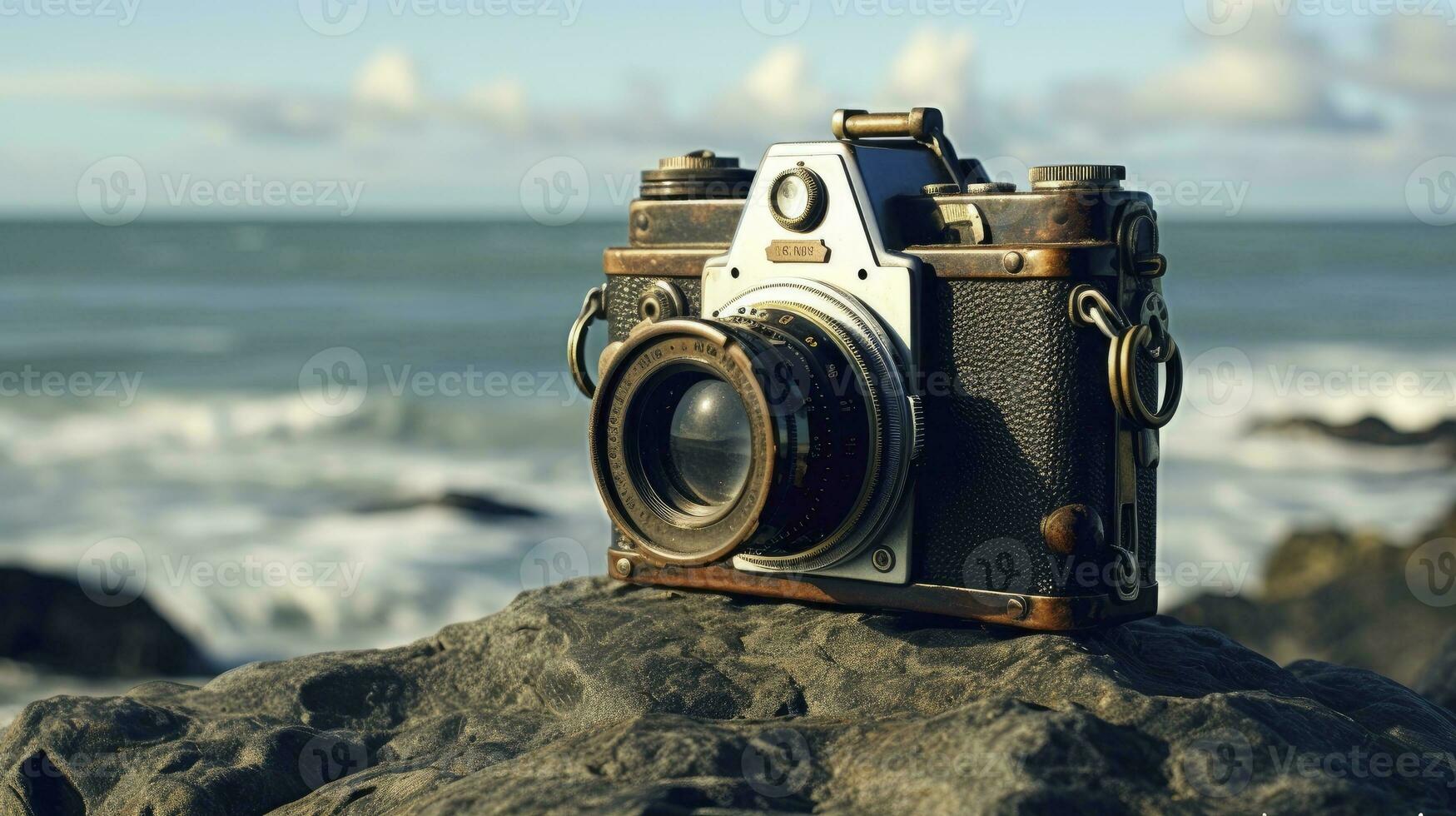 film camera with nature background, copy space, Generative AI photo
