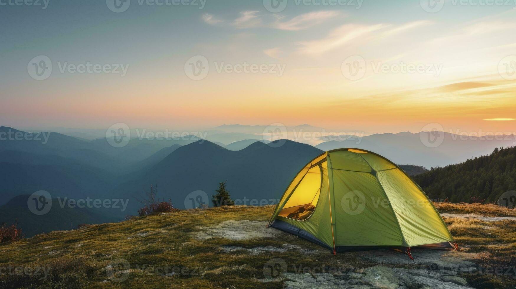 tent at Mountain landscape at sunset, Generative AI photo