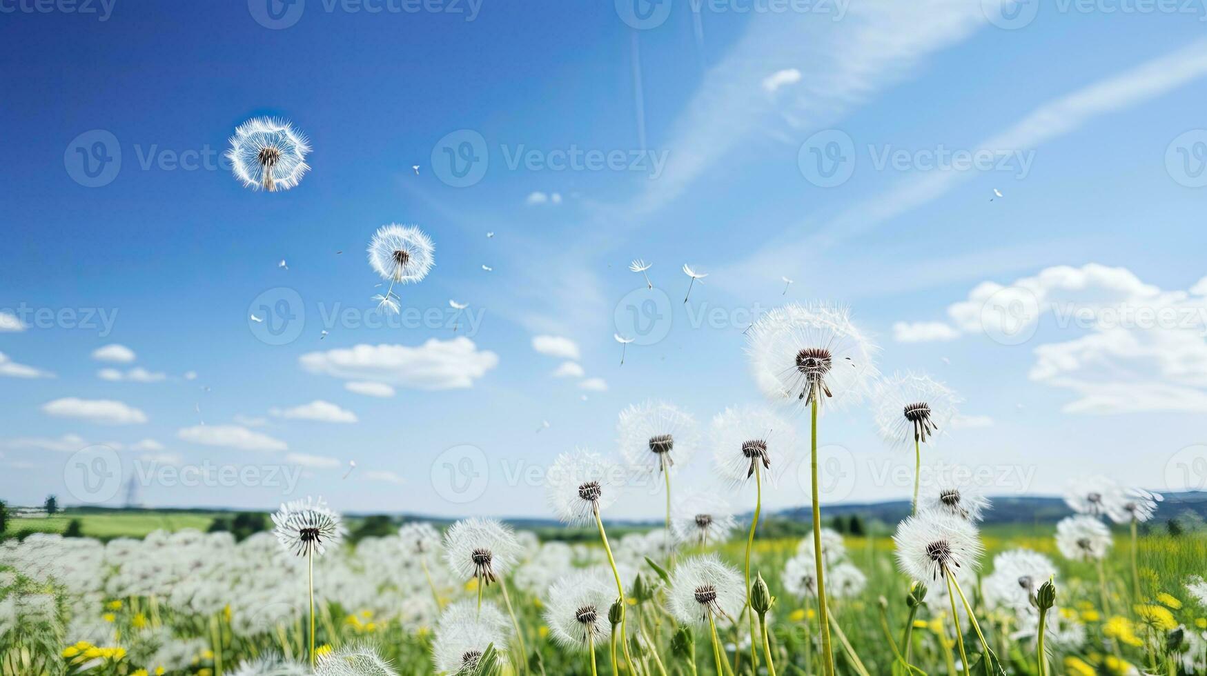 Field with dandelions and blue sky, Generative AI photo