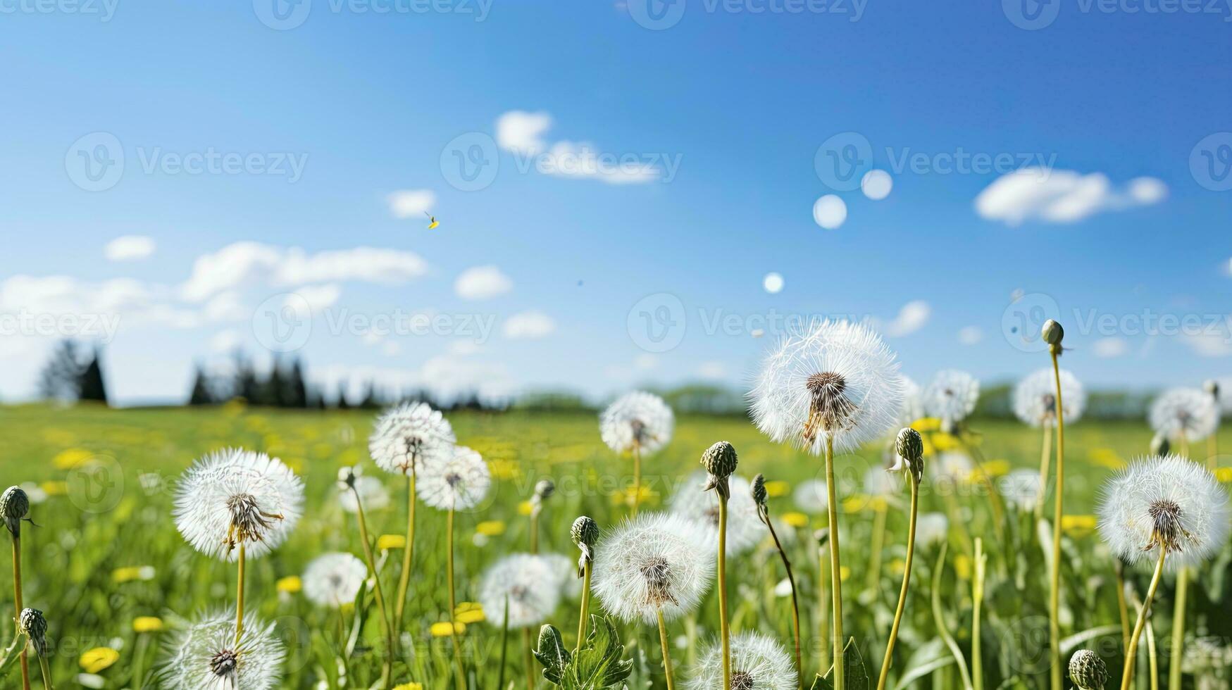 Field with dandelions and blue sky, Generative AI photo