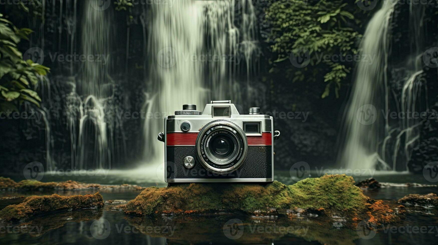 film camera with nature background, copy space, Generative AI photo