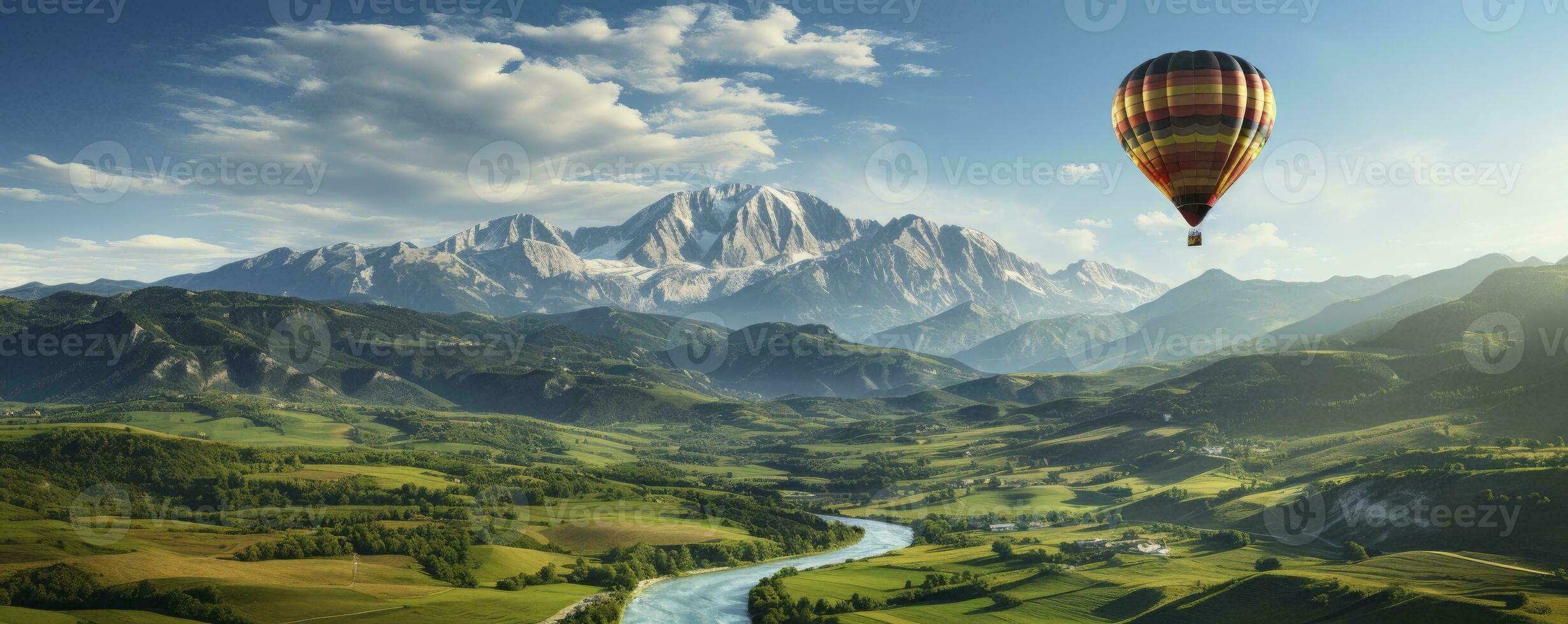 Idyllic mountain landscape in the Alps with blooming meadows in springtime, morning light, copy space, Generative AI photo