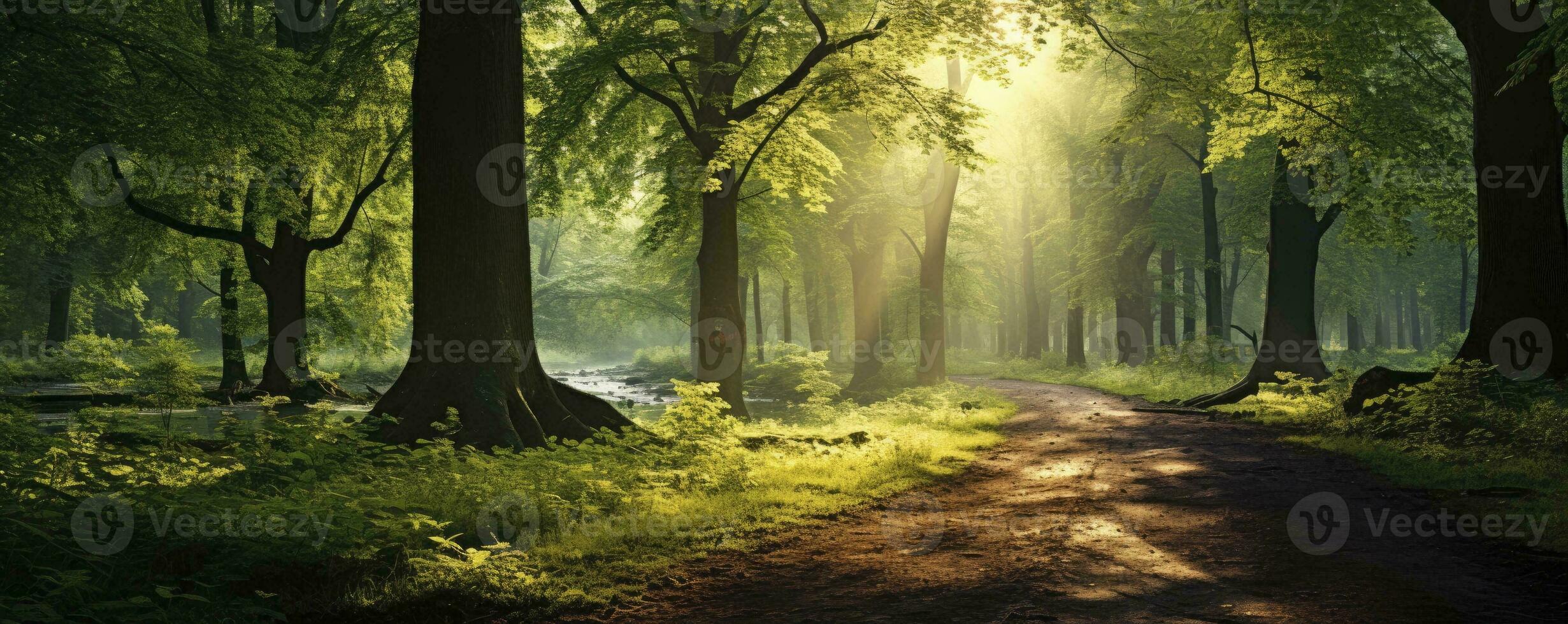 green forest trees with sun ray background, Generative AI photo