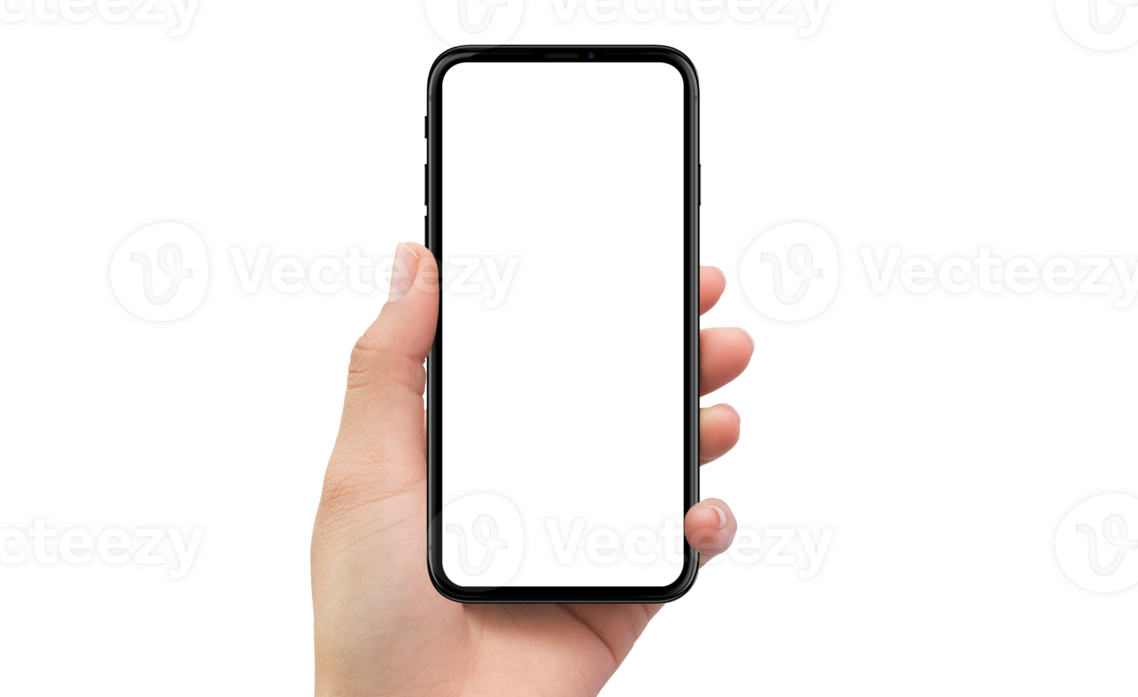 Left hand holding black mobile smartphone device transparent background png