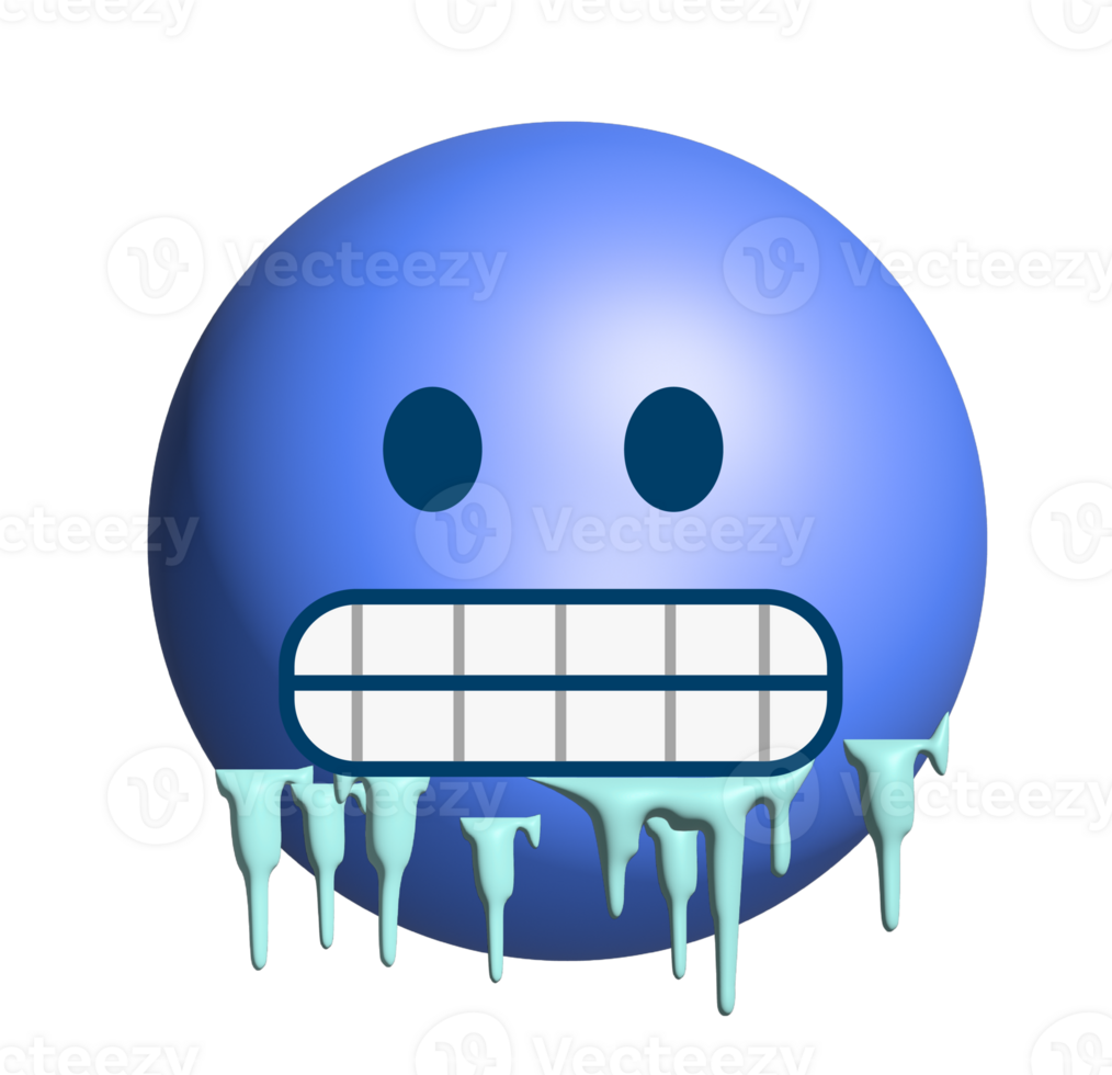 The gradient blue cold, freezing face 3D icon with gritted teeth, icicles clinging to cheeks and jaw png