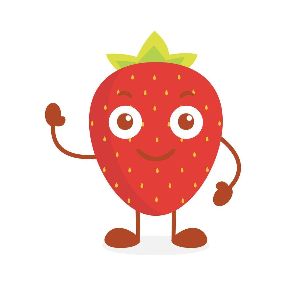 Vector strawberry fruit cartoon character waving hand