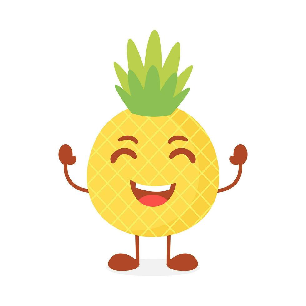 Vector pineapple fruit cartoon character raising both hands while laughing