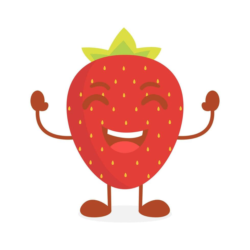 Vector strawberry fruit cartoon character raising both hands while laughing