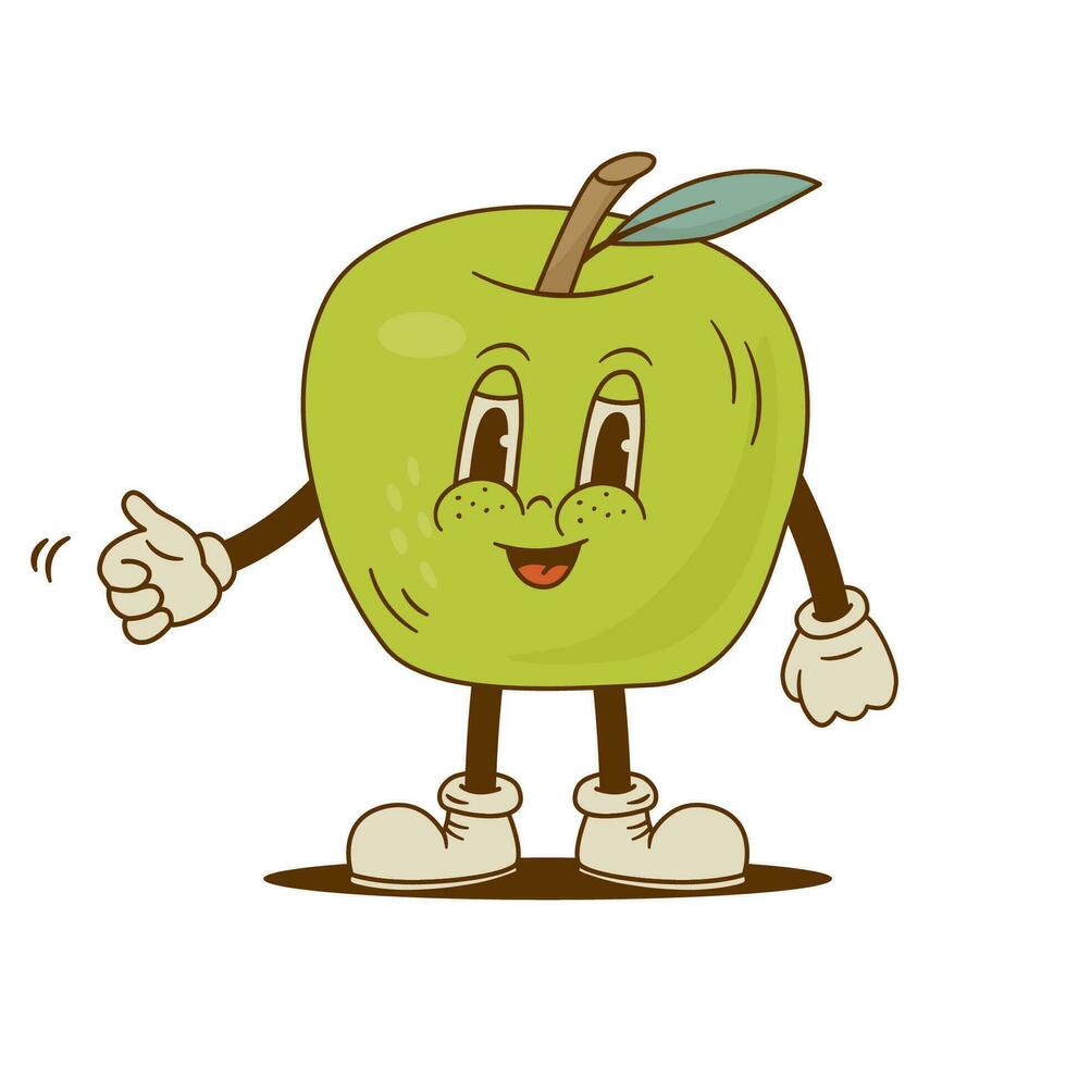 Retro cartoon green apple character in groove style. Funny fruit mascot vector illustration. Nostalgia 60s, 70s, 80s