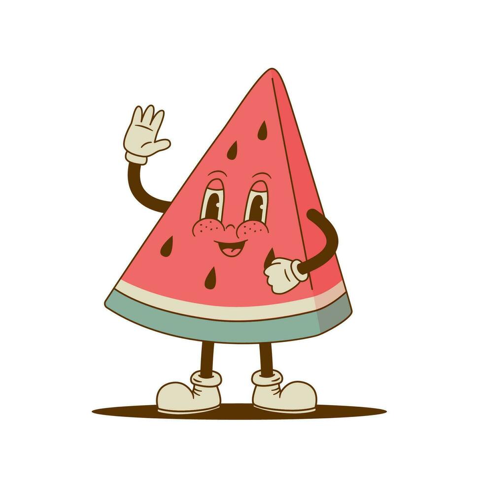 Funny retro cartoon watermelon character. Smiling fruit mascot vector illustration. Nostalgia 70s, 80s