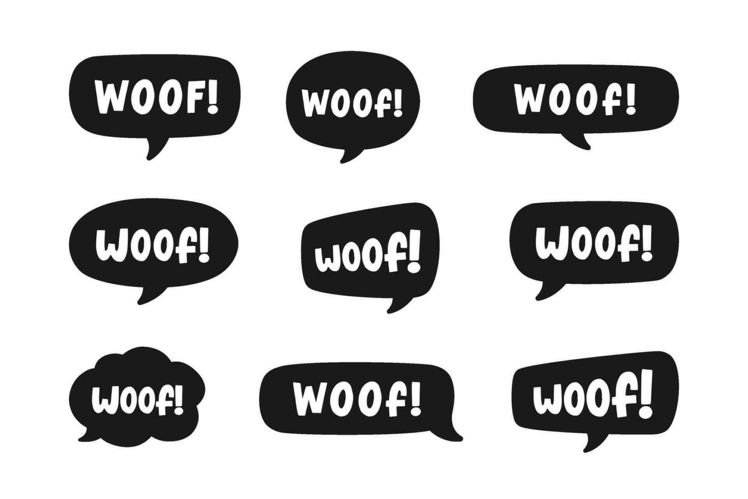 Woof text in a speech bubble balloon silhouette set. Cute cartoon comics dog bark sound effect and lettering. Vector illustration.