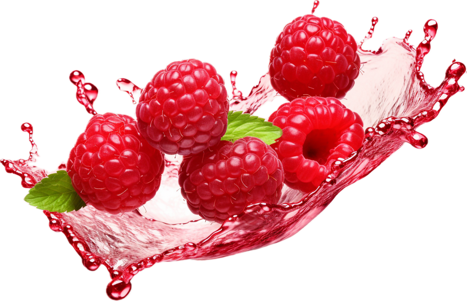 Raspberries in juice splash png with AI generated.