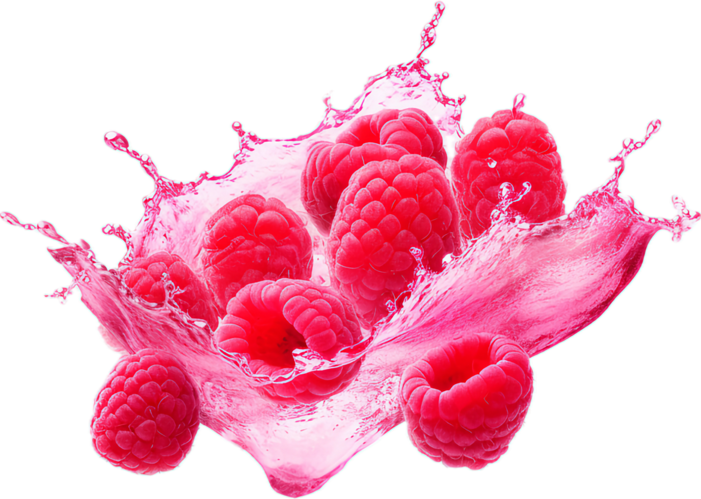 Raspberries in juice splash png with AI generated.