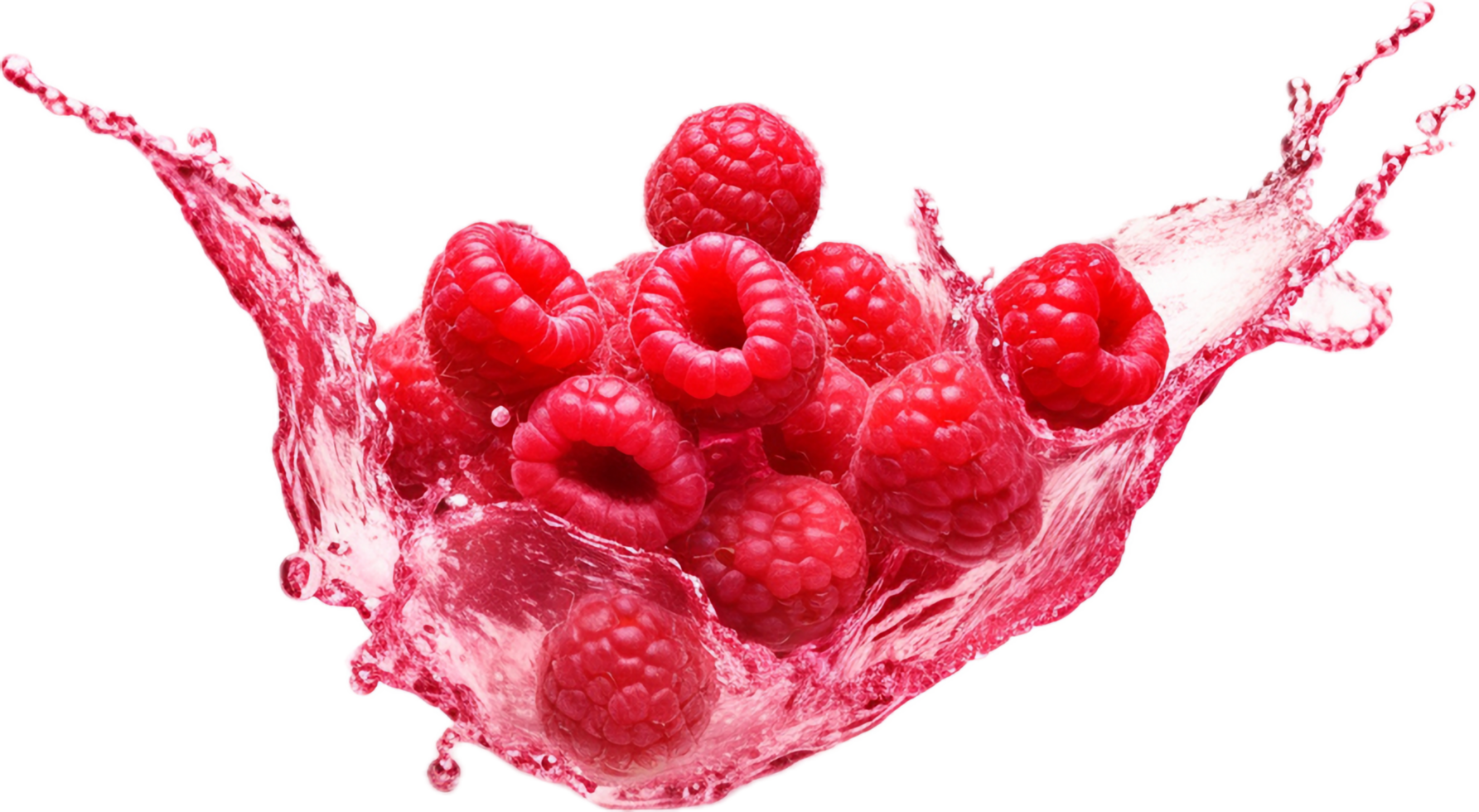 Raspberries in juice splash png with AI generated.