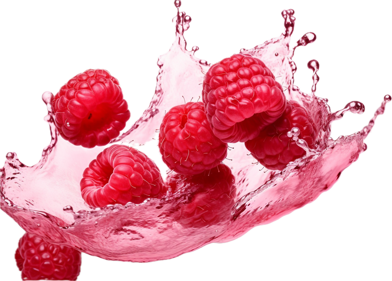 Raspberries in juice splash png with AI generated.