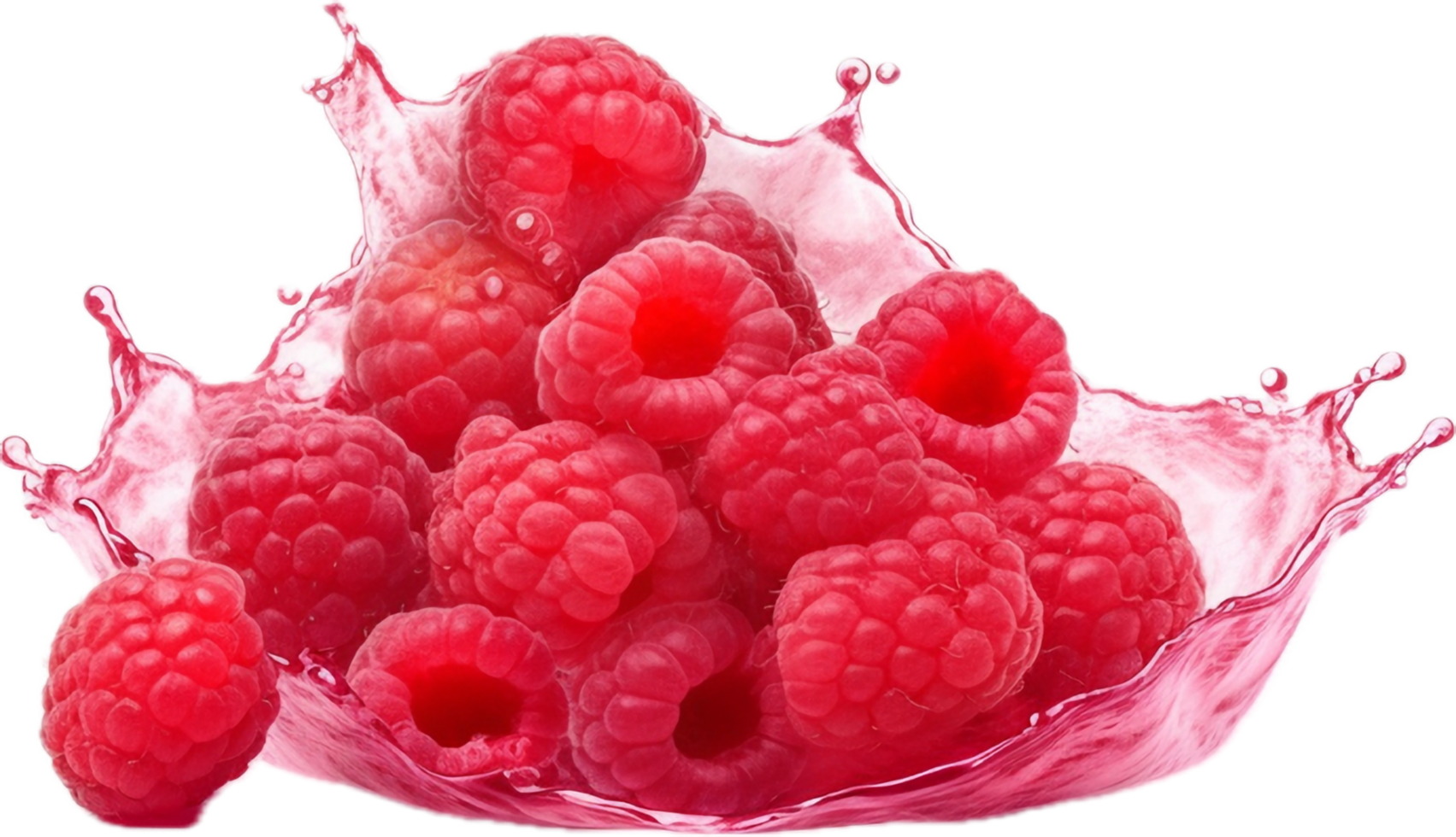 Raspberries in juice splash png with AI generated.