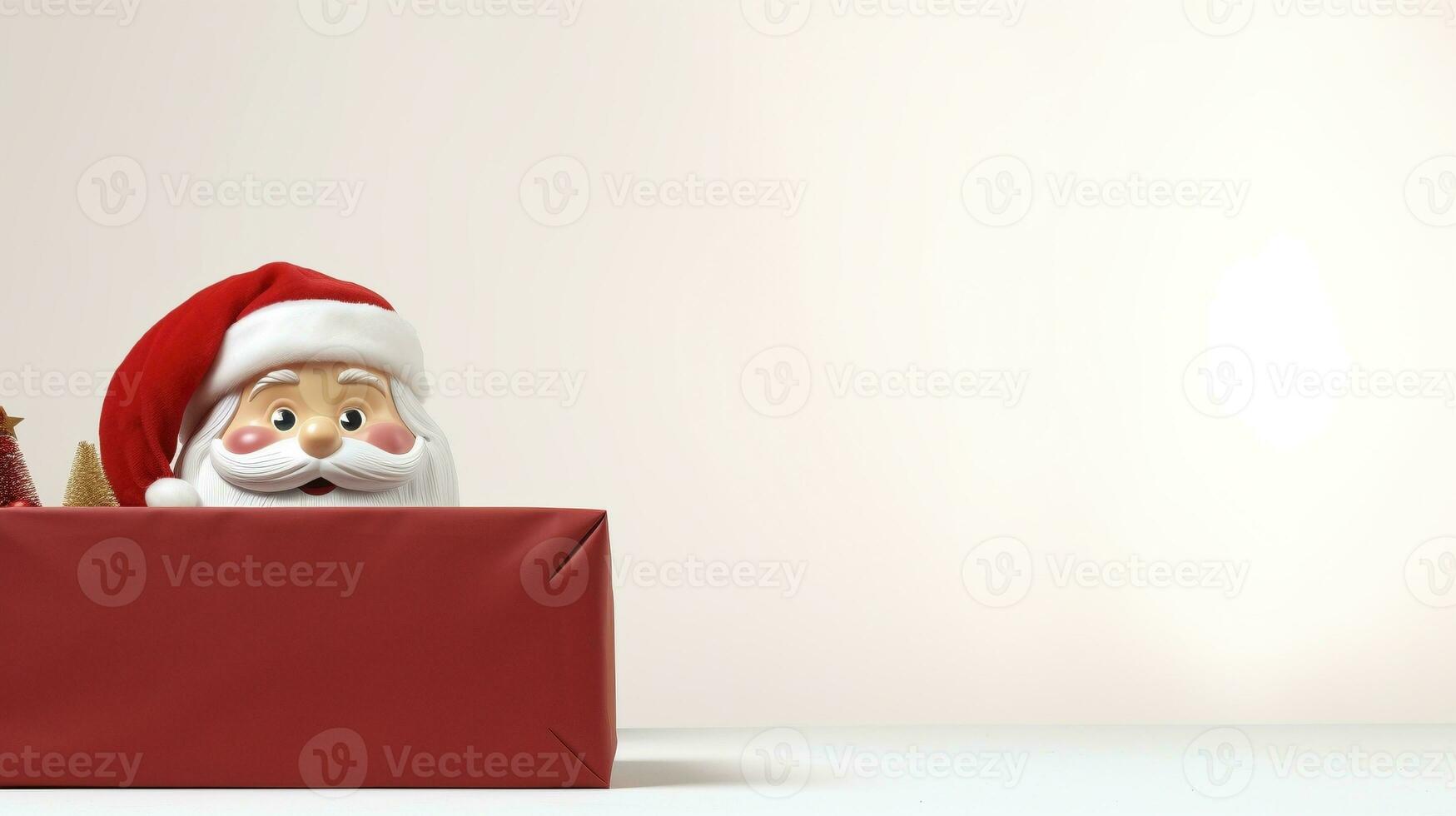 Santa Claus head peeking over red gift ai generated banner background copy space photo