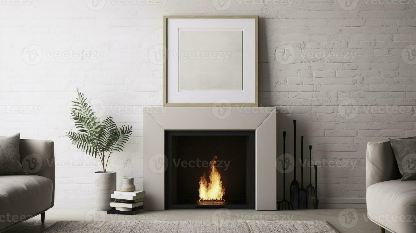 Empty photo frame under fireplace cozy ai generated frame mockup living room