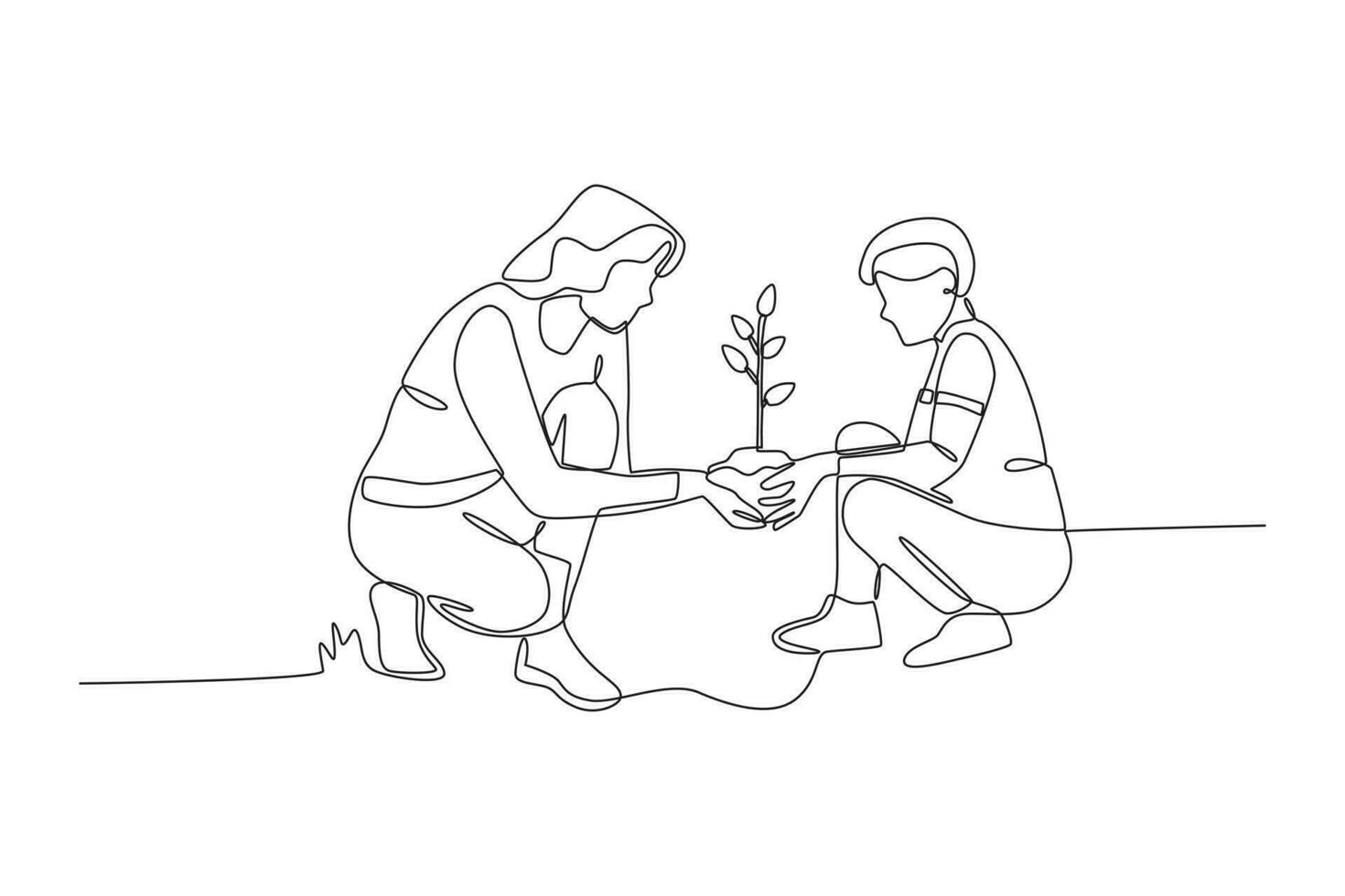 un madre y su hijo planta un árbol vector