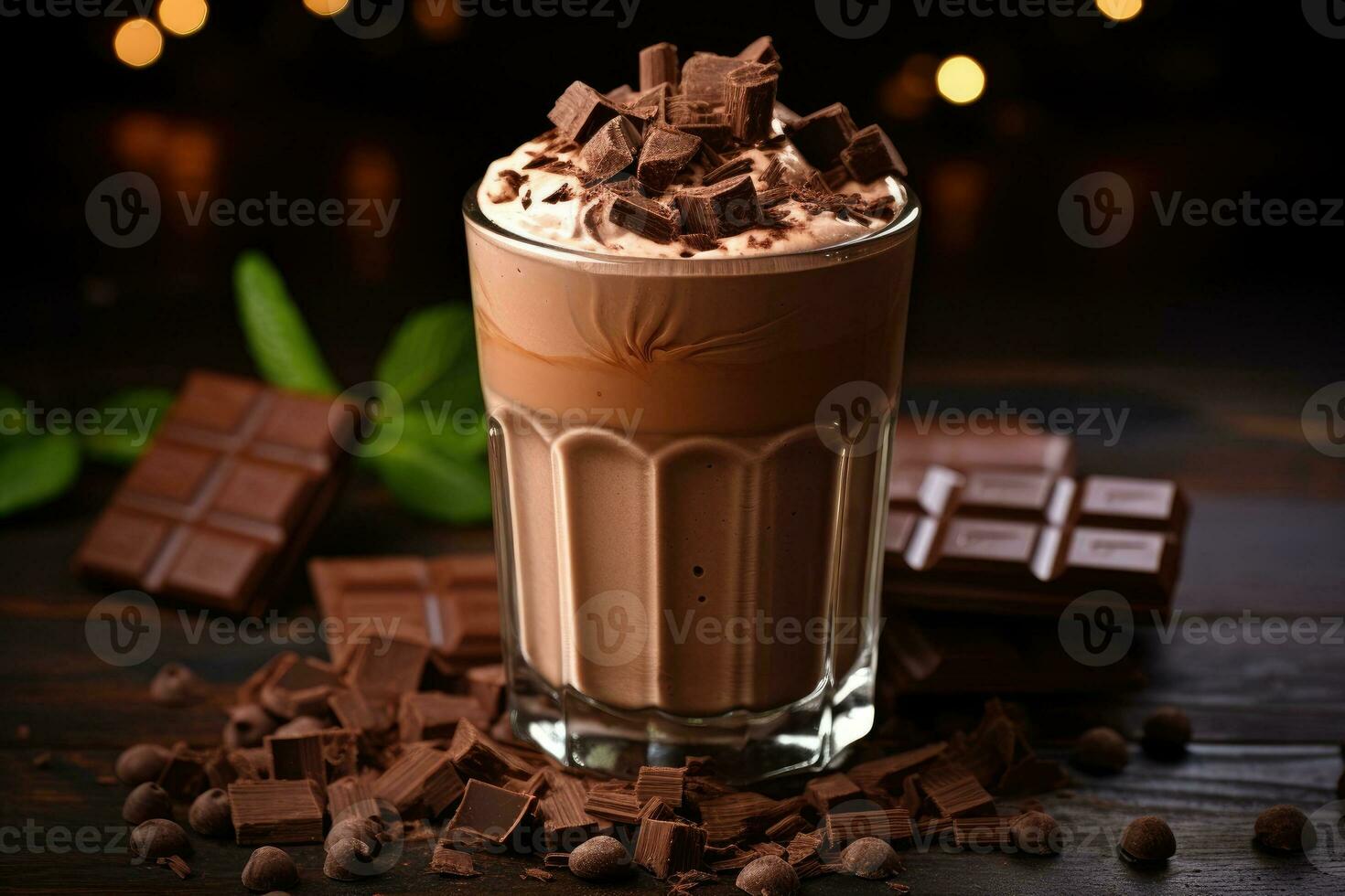 Chocolate milkshake or smoothie with pieces of chocolate. Generative AI photo