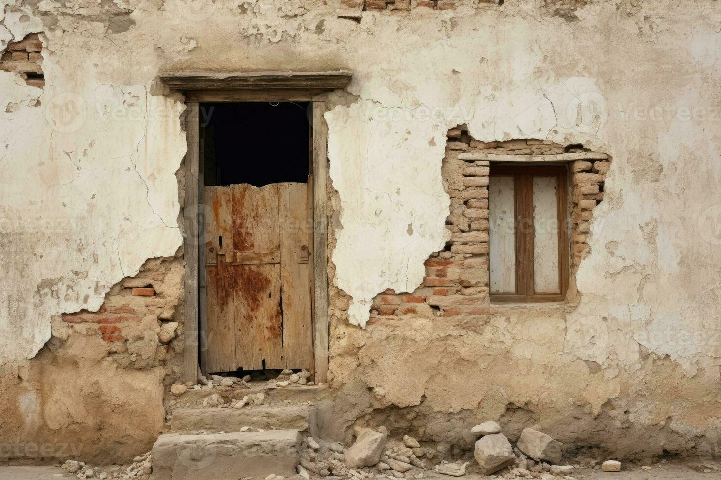 Dilapidated building wall and wooden door. Facade of a house with damaged plaster. Generative AI photo