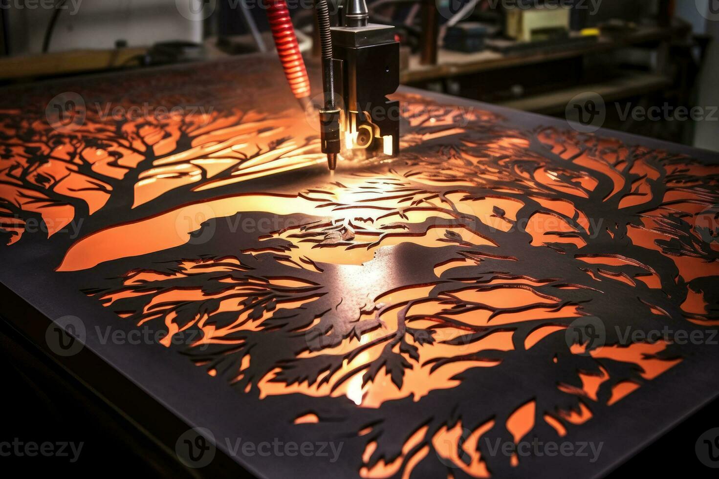 Plasma cutting of steel sheet. CNC Laser cutting of metal. Generative AI photo