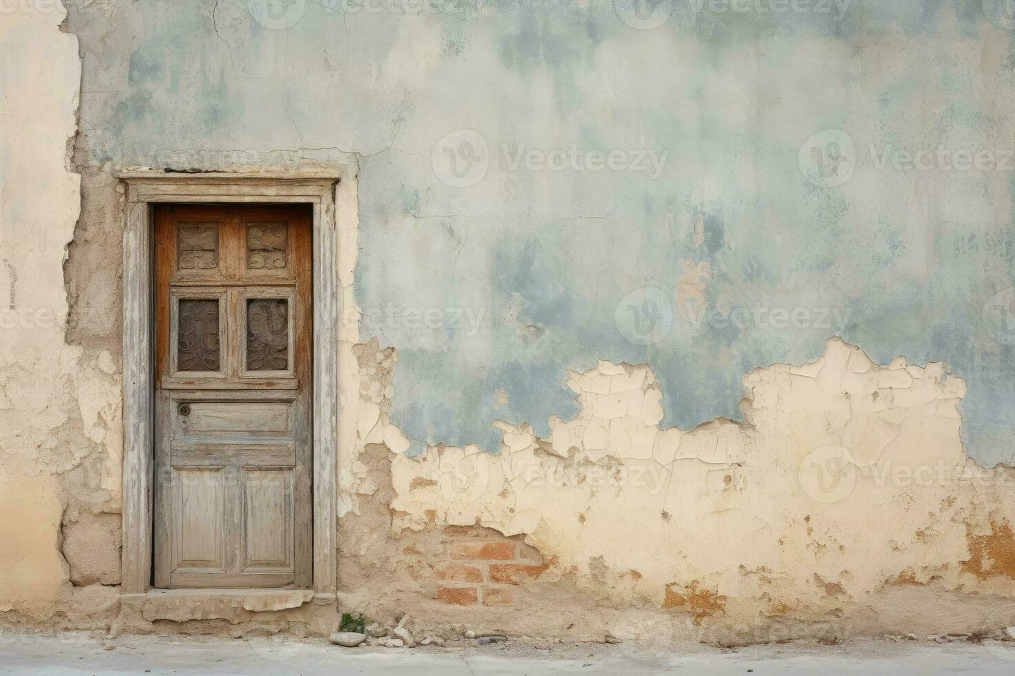 Dilapidated building wall and wooden door. Facade of a house with damaged plaster. Generative AI photo