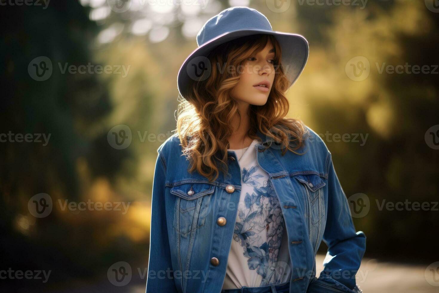 Young woman with denim jacket and hat. Generative AI photo