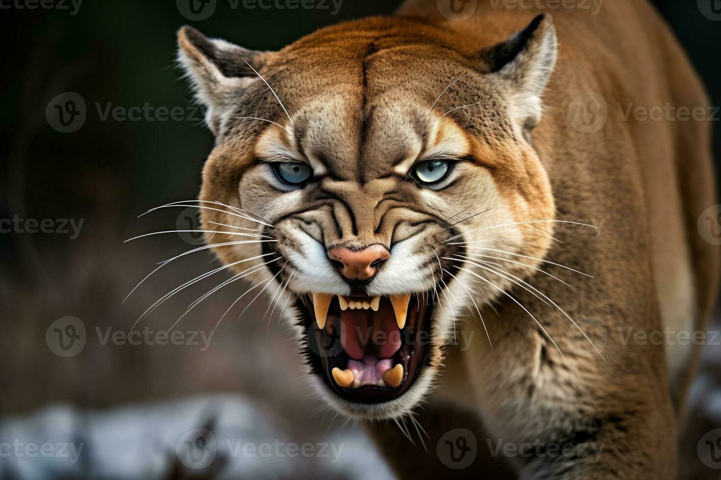 Roaring cougar or mountain lion hunts its prey. Generative AI photo